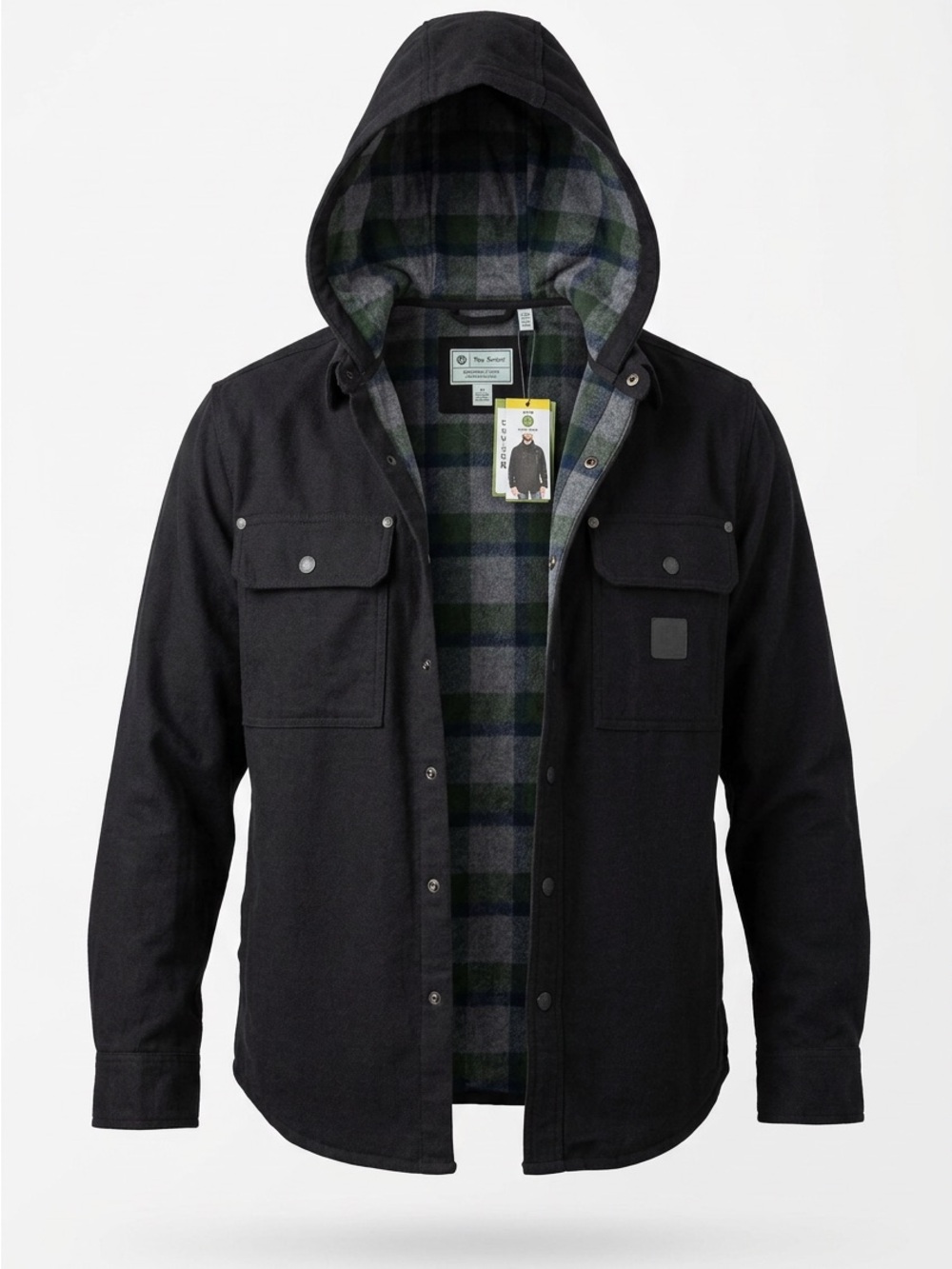 John Deere Black Hooded Shirt Jacket with Green Plaid Lining